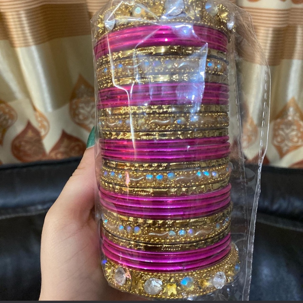 Pink Indian Bangles Full Set with end cuffs